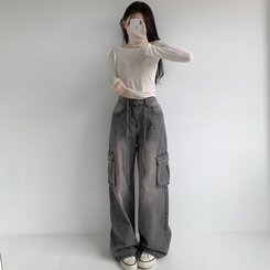 ウエストストリングカーゴビンテージワイドデニムパンツ GRAY