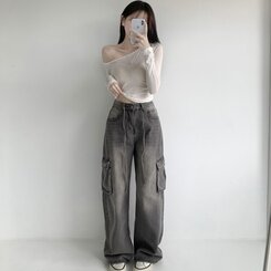 ウエストストリングカーゴビンテージワイドデニムパンツ GRAY