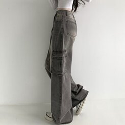 ウエストストリングカーゴビンテージワイドデニムパンツ GRAY