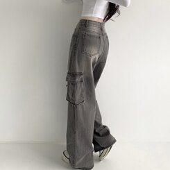 ウエストストリングカーゴビンテージワイドデニムパンツ GRAY