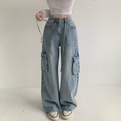 ウエストストリングカーゴビンテージワイドデニムパンツ LIGHT DENIM