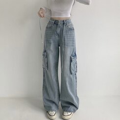 ウエストストリングカーゴビンテージワイドデニムパンツ LIGHT DENIM