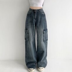 ウエストストリングカーゴビンテージワイドデニムパンツ DARK DENIM