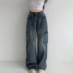 ウエストストリングカーゴビンテージワイドデニムパンツ DARK DENIM