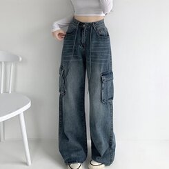 ウエストストリングカーゴビンテージワイドデニムパンツ DARK DENIM