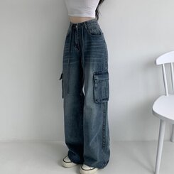 ウエストストリングカーゴビンテージワイドデニムパンツ DARK DENIM