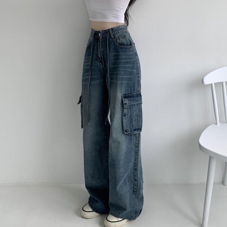 ウエストストリングカーゴビンテージワイドデニムパンツ DARK DENIM