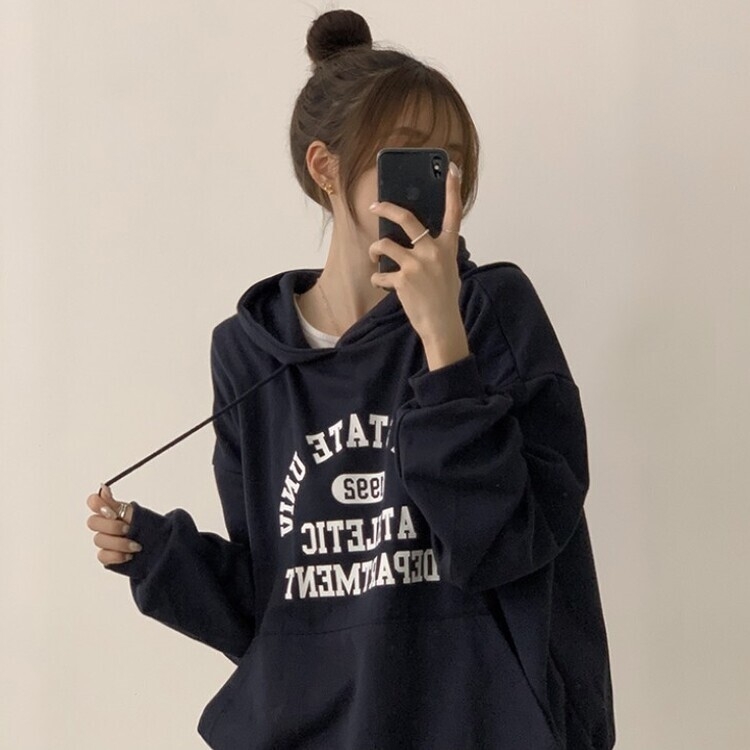 オーバーフィットレタリングカジュアルパーカー NAVY