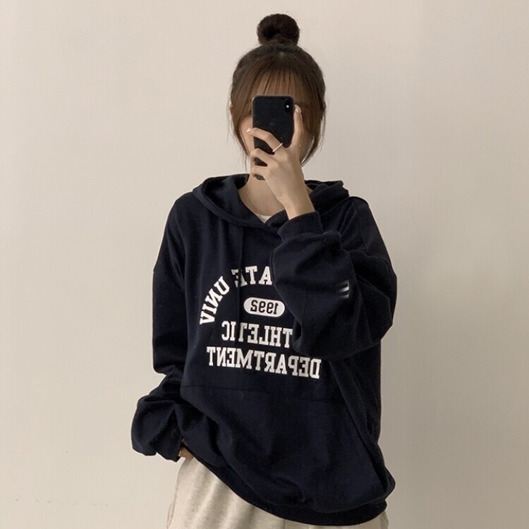 オーバーフィットレタリングカジュアルパーカー NAVY