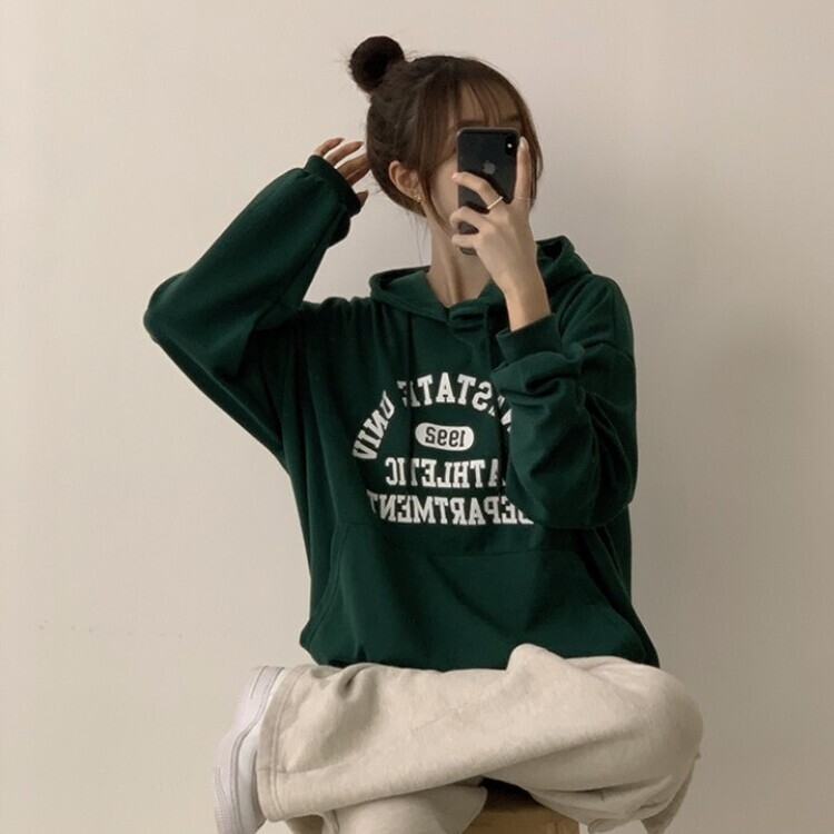 オーバーフィットレタリングカジュアルパーカー GREEN