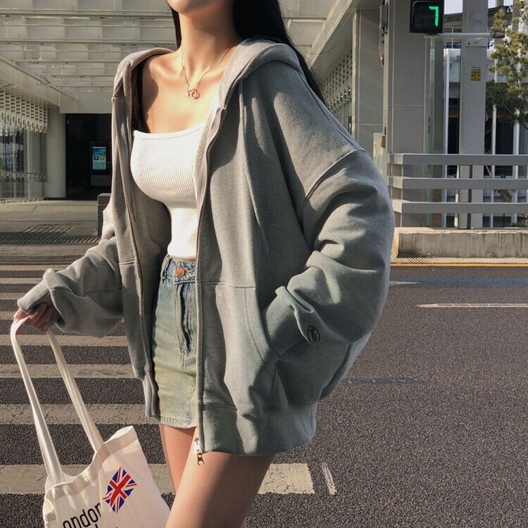 ルーズフィットフードジップアップ5色 GRAY