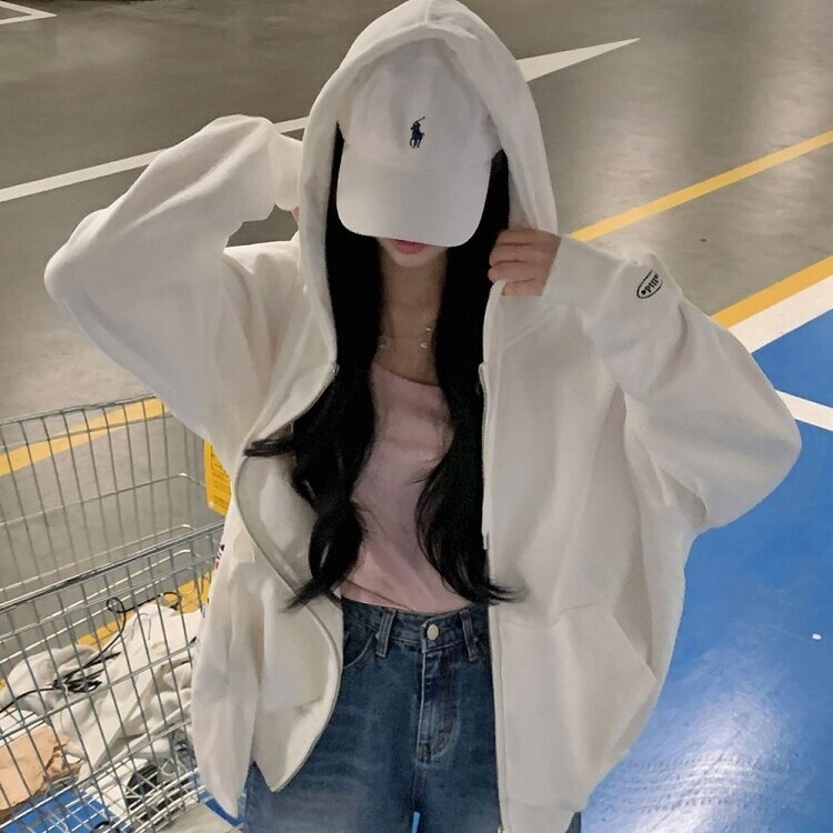 ルーズフィットフードジップアップ5色 WHITE