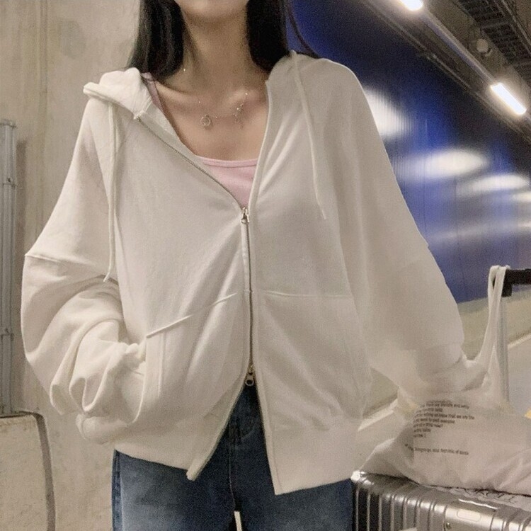 ルーズフィットフードジップアップ5色 WHITE