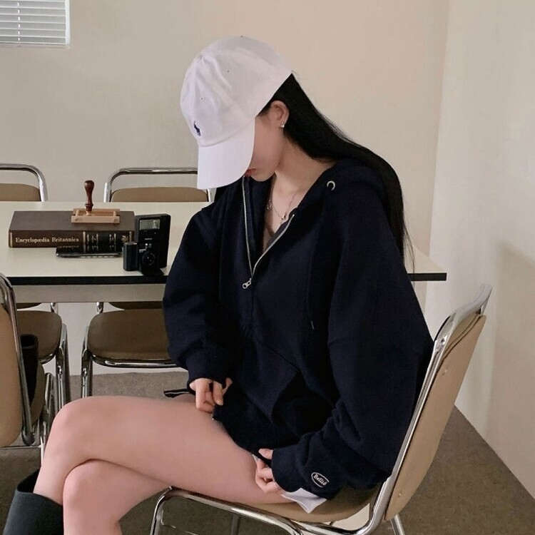 ルーズフィットフードジップアップ5色 BLACK