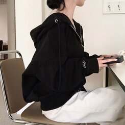 ルーズフィットフードジップアップ5色 BLACK