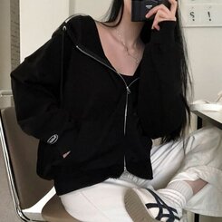 ルーズフィットフードジップアップ5色 BLACK