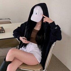 ルーズフィットフードジップアップ5色 BLACK