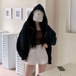 ルーズフィットフードジップアップ5色 BLACK