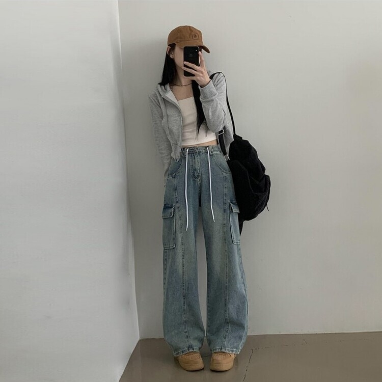 Y2Kウエストストリングカーゴワイドデニムパンツ｜デニム｜韓国