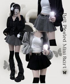 【ベルトSET】パンツインプリーツミニスカート GRAY