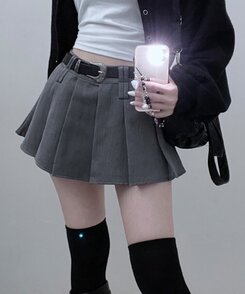 【ベルトSET】パンツインプリーツミニスカート GRAY