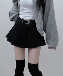 【ベルトSET】パンツインプリーツミニスカート BLACK