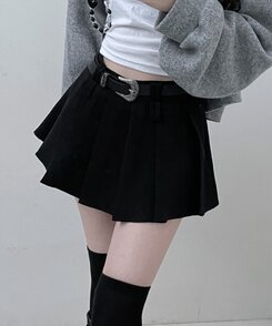 【ベルトSET】パンツインプリーツミニスカート BLACK