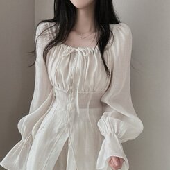 【SET】ガーリーシフォンロングブラウス＋ショートパンツ IVORY