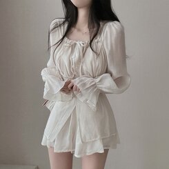 【SET】ガーリーシフォンロングブラウス＋ショートパンツ IVORY