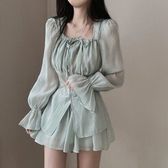 【SET】ガーリーシフォンロングブラウス＋ショートパンツ MINT