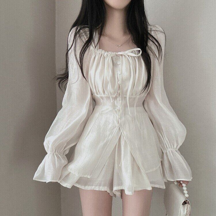 【SET】ガーリーシフォンロングブラウス＋ショートパンツ IVORY