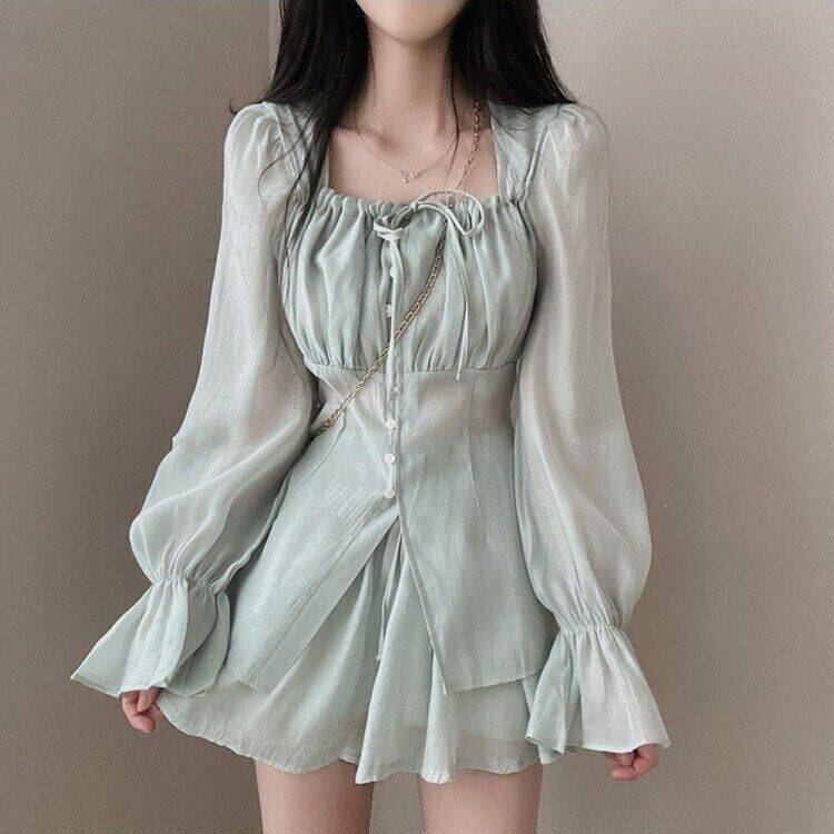 【SET】ガーリーシフォンロングブラウス＋ショートパンツ MINT