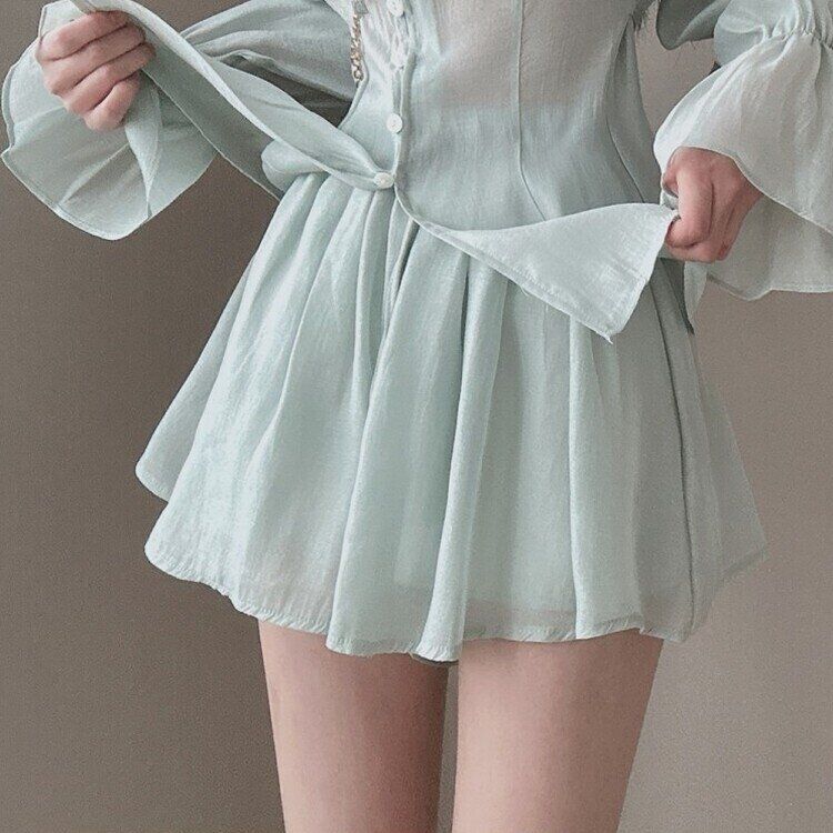 【SET】ガーリーシフォンロングブラウス＋ショートパンツ MINT