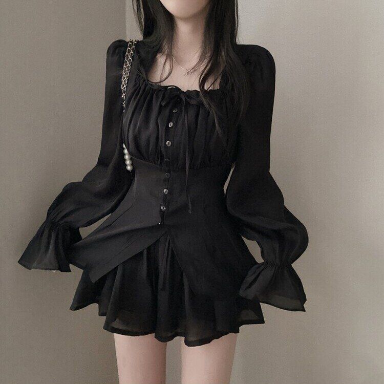 【SET】ガーリーシフォンロングブラウス＋ショートパンツ BLACK