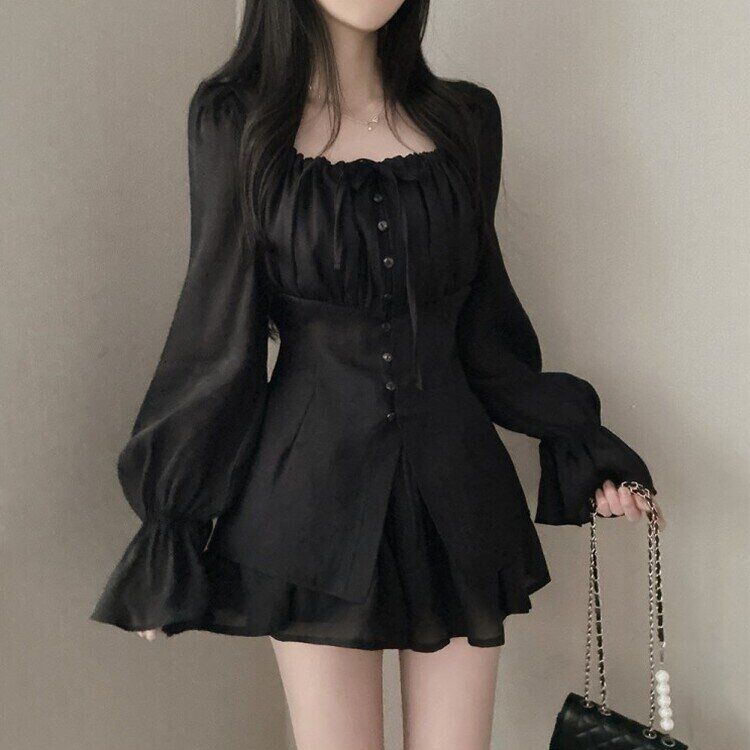 【SET】ガーリーシフォンロングブラウス＋ショートパンツ BLACK