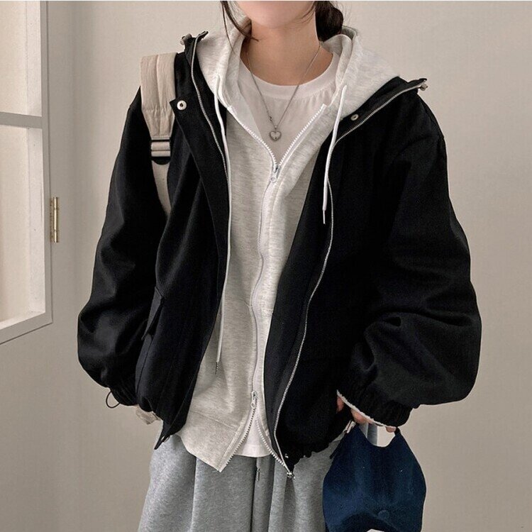 기온차심한 간절기필수템 코튼 박시핏 후드 점퍼 블랙