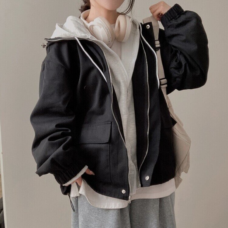 기온차심한 간절기필수템 코튼 박시핏 후드 점퍼 블랙