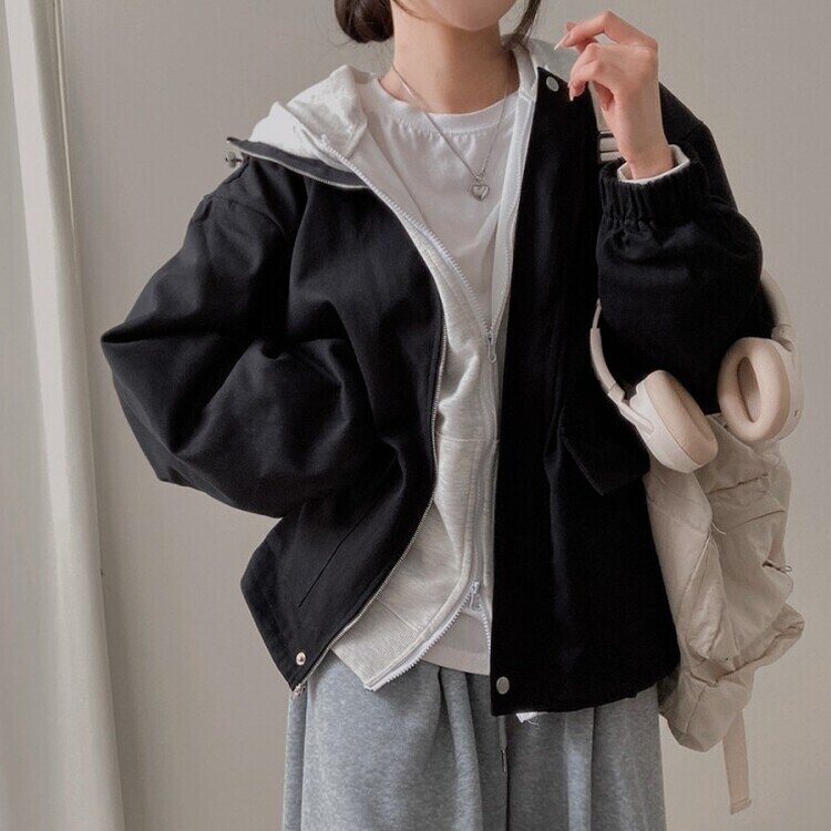 기온차심한 간절기필수템 코튼 박시핏 후드 점퍼 블랙