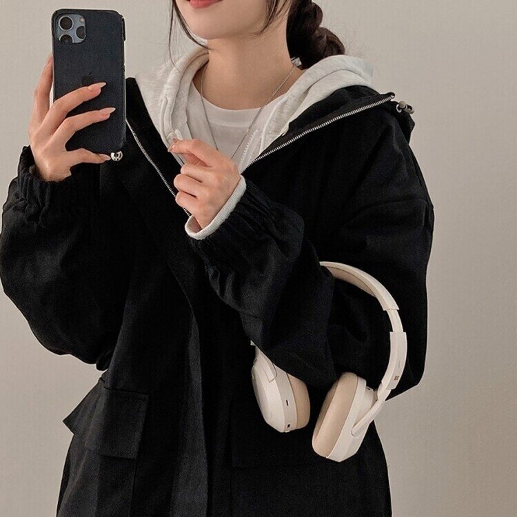 기온차심한 간절기필수템 코튼 박시핏 후드 점퍼 블랙