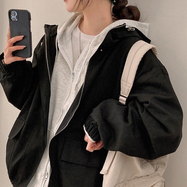 기온차심한 간절기필수템 코튼 박시핏 후드 점퍼 블랙