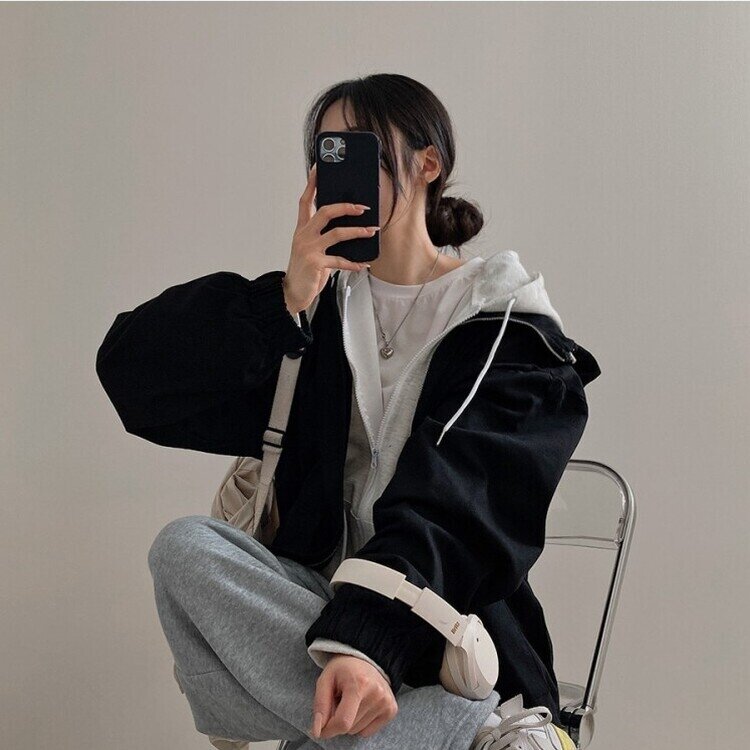 기온차심한 간절기필수템 코튼 박시핏 후드 점퍼 블랙