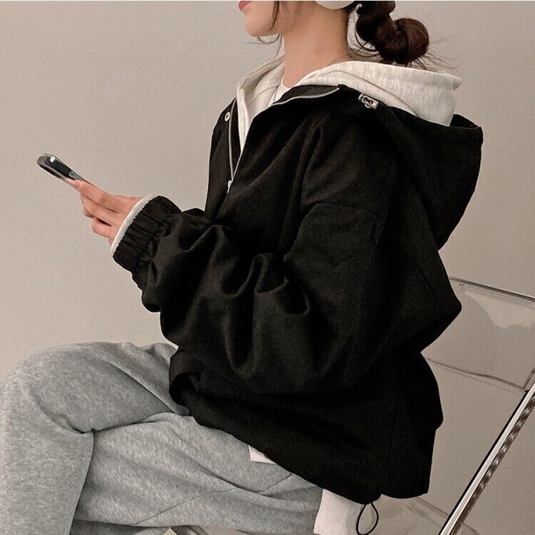 기온차심한 간절기필수템 코튼 박시핏 후드 점퍼 블랙