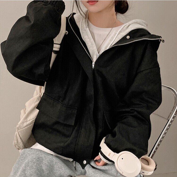 기온차심한 간절기필수템 코튼 박시핏 후드 점퍼 블랙