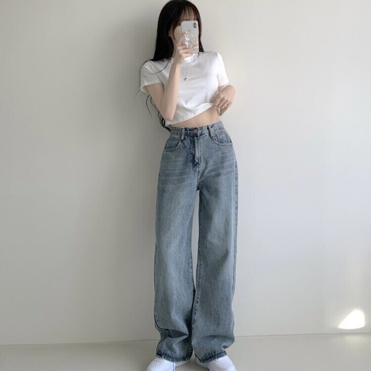 메이킷 하이웨스트 캣브러쉬 워싱 데님 와이드 팬츠 바지 키작녀 키큰녀 빅사이즈 청바지 빈티지블루
