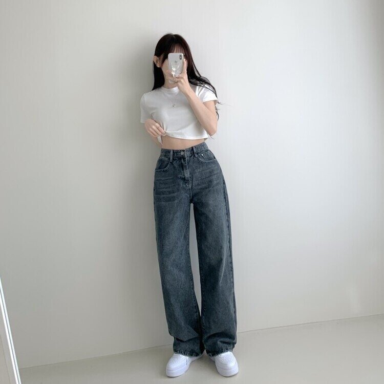 메이킷 하이웨스트 캣브러쉬 워싱 데님 와이드 팬츠 바지 키작녀 키큰녀 빅사이즈 청바지 그레이