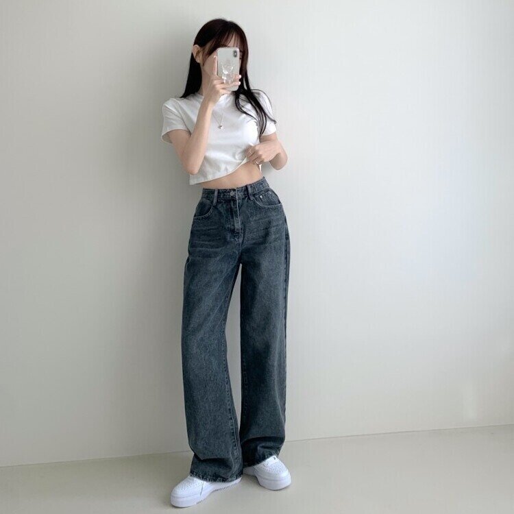 메이킷 하이웨스트 캣브러쉬 워싱 데님 와이드 팬츠 바지 키작녀 키큰녀 빅사이즈 청바지 그레이