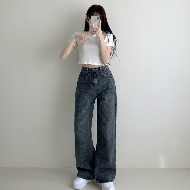 메이킷 하이웨스트 캣브러쉬 워싱 데님 와이드 팬츠 바지 키작녀 키큰녀 빅사이즈 청바지 그레이