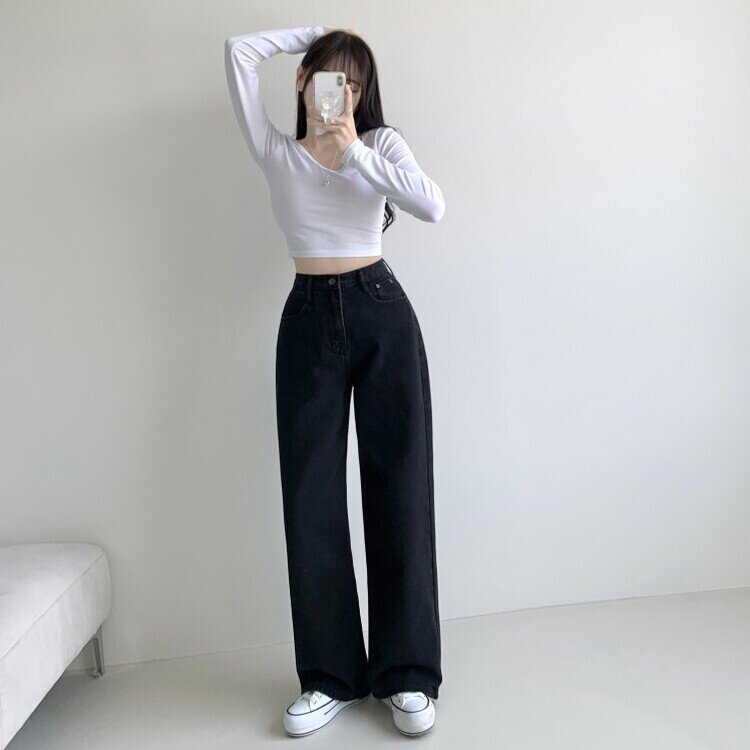 메이킷 하이웨스트 캣브러쉬 워싱 데님 와이드 팬츠 바지 키작녀 키큰녀 빅사이즈 청바지 흑청(블랙)