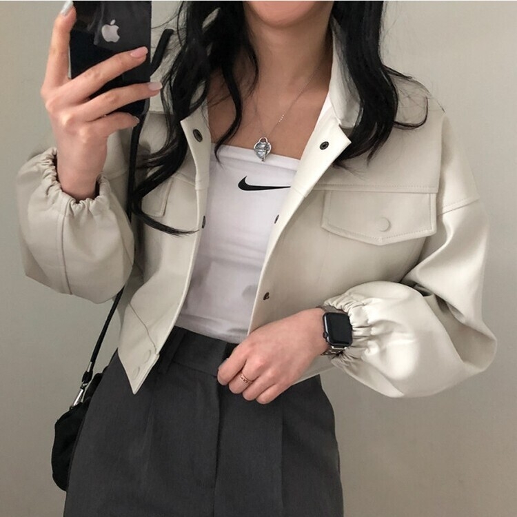 노제 크롭 오버핏 밴딩 레더 자켓 크림