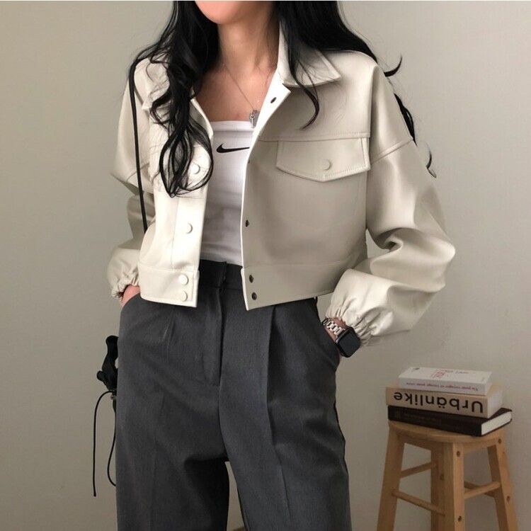 노제 크롭 오버핏 밴딩 레더 자켓 크림